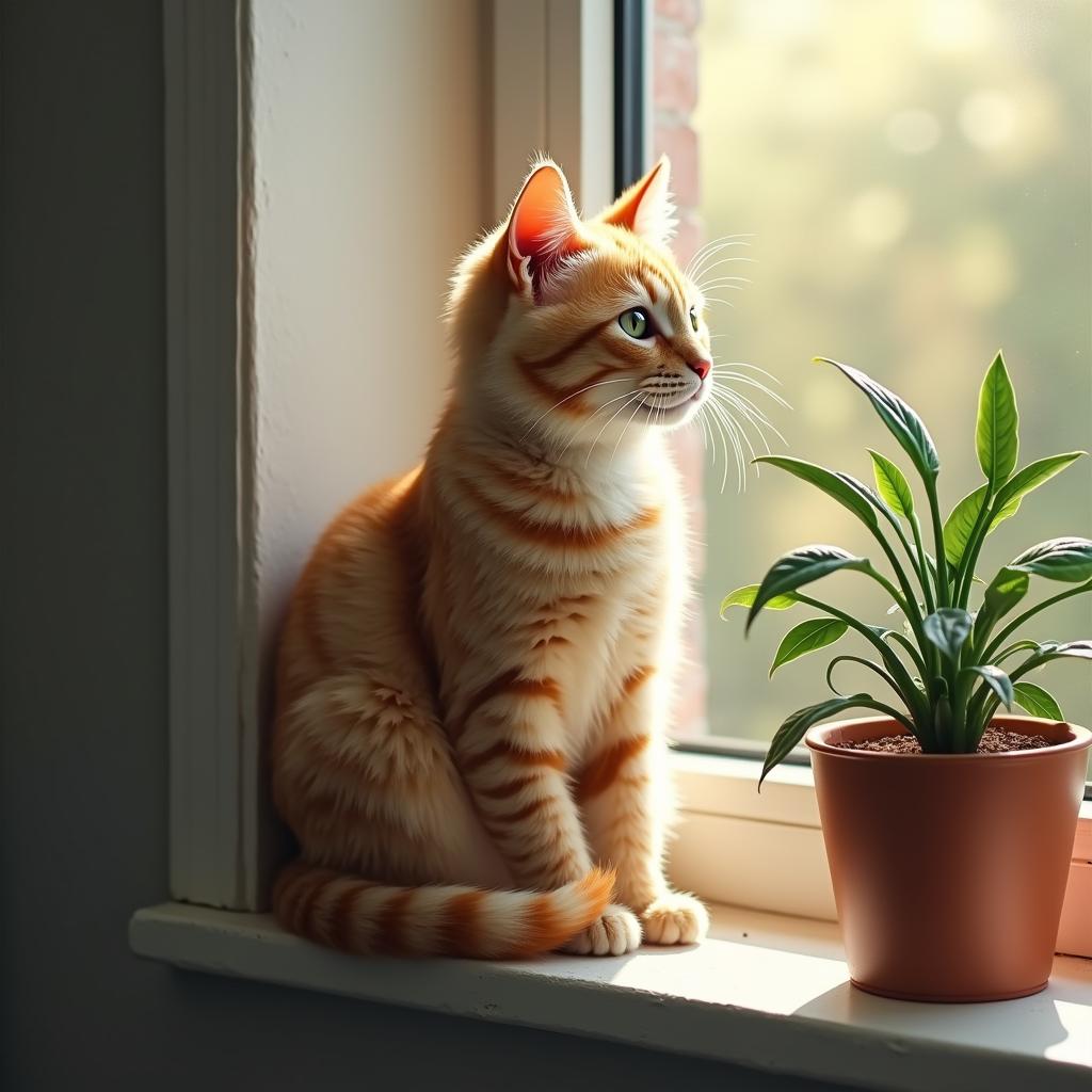  draw a cute cat sitting on a windowsill with a potted plant next to it. hyperrealistic, full body, detailed clothing, highly detailed, cinematic lighting, stunningly beautiful, intricate, sharp focus, f/1. 8, 85mm, (centered image composition), (professionally color graded), ((bright soft diffused light)), volumetric fog, trending on instagram, trending on tumblr, HDR 4K, 8K