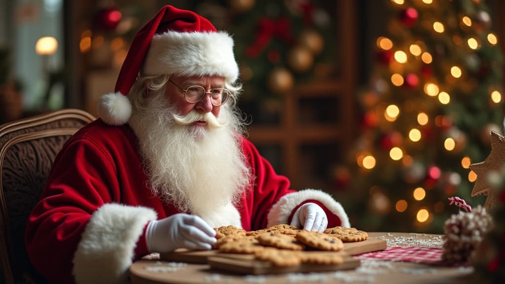  good quality, high quality, santa enjoys freshly baked cookies in a cozy setting, surrounded by festive decorations, evoking holiday warmth and joy.