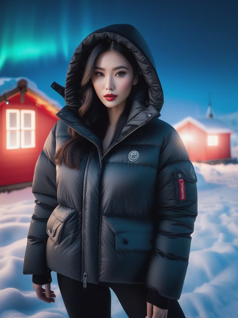  Front view portrait,Young beautiful Asian girl in black lightweight puffer jacket hooded winter coat without logo embroidery,Standing in Sanna Northern Lights In North Pole,black hair, cinematic lighting, stunningly beautiful, intricate, sharp focus, f/1. 8, 85mm, (professionally color graded), ((bright soft diffused light)), volumetric fog, trending on instagram, trending on tumblr, HDR 4K, 8K hyperrealistic, full body, detailed clothing, highly detailed, cinematic lighting, stunningly beautiful, intricate, sharp focus, f/1. 8, 85mm, (centered image composition), (professionally color graded), ((bright soft diffused light)), volumetric fog, trending on instagram, trending on tumblr, HDR 4K, 8K