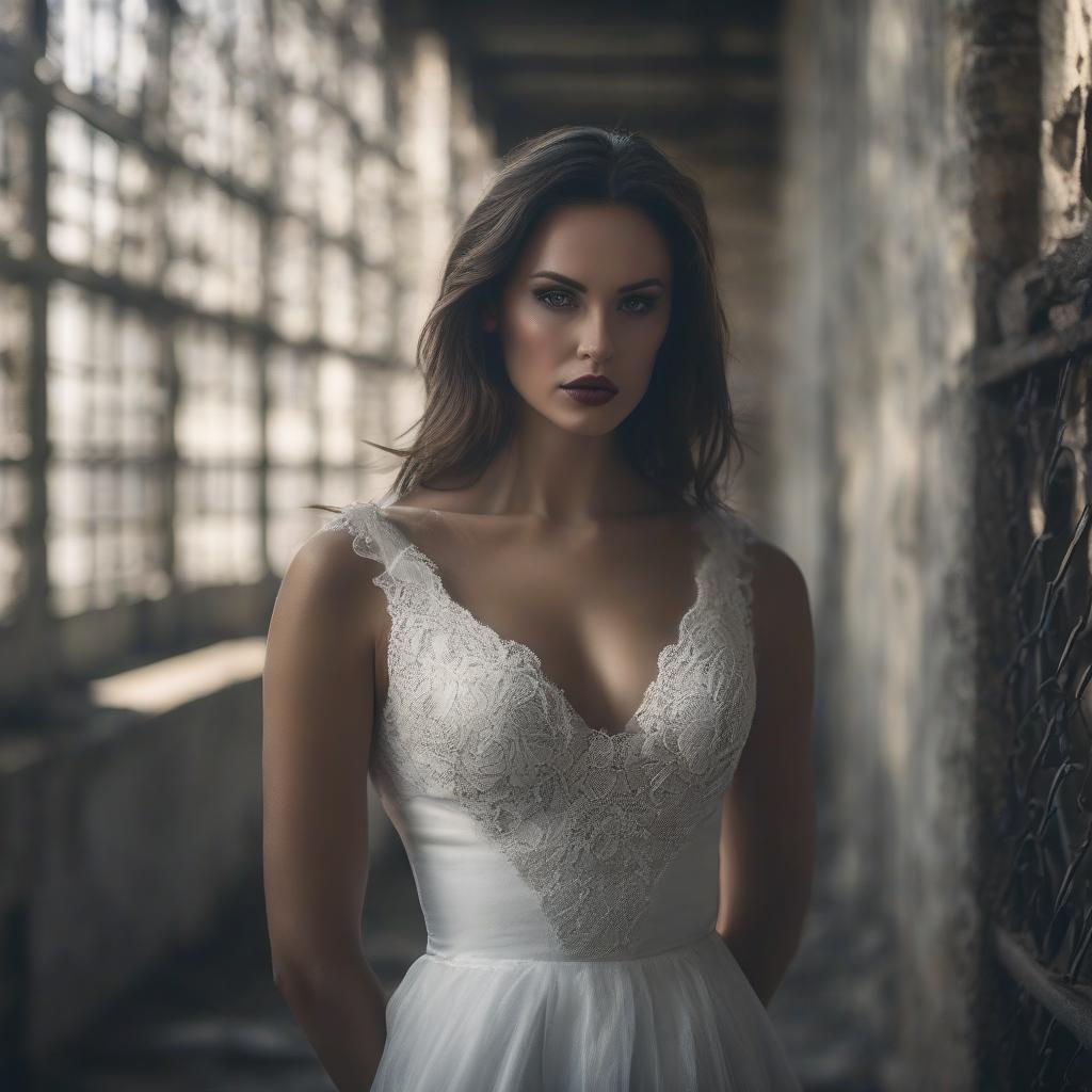  Sad beauty in a white dress in an abandoned prison. hyperrealistic, full body, detailed clothing, highly detailed, cinematic lighting, stunningly beautiful, intricate, sharp focus, f/1. 8, 85mm, (centered image composition), (professionally color graded), ((bright soft diffused light)), volumetric fog, trending on instagram, trending on tumblr, HDR 4K, 8K