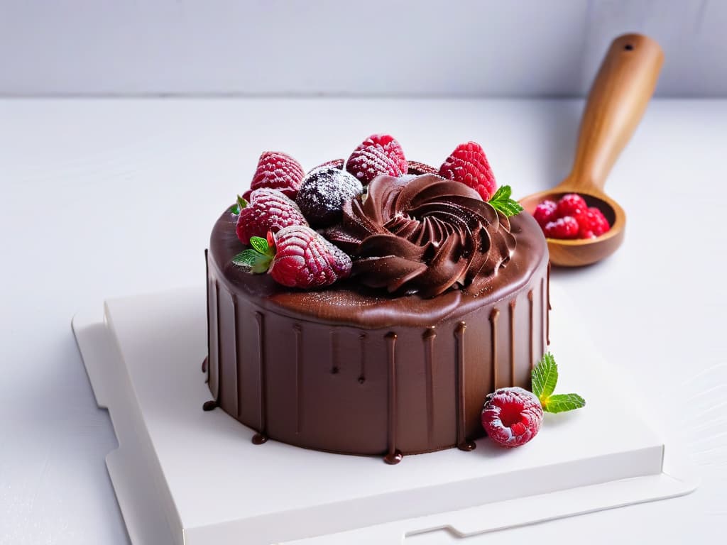  An ultradetailed image of a delicate chocolate cake being decorated with intricate swirls of fairtrade cocoa powder, set against a pristine white backdrop. The cake is adorned with ethically sourced raspberries and mint leaves, showcasing the beauty and artistry of fair trade practices in pastry making. hyperrealistic, full body, detailed clothing, highly detailed, cinematic lighting, stunningly beautiful, intricate, sharp focus, f/1. 8, 85mm, (centered image composition), (professionally color graded), ((bright soft diffused light)), volumetric fog, trending on instagram, trending on tumblr, HDR 4K, 8K