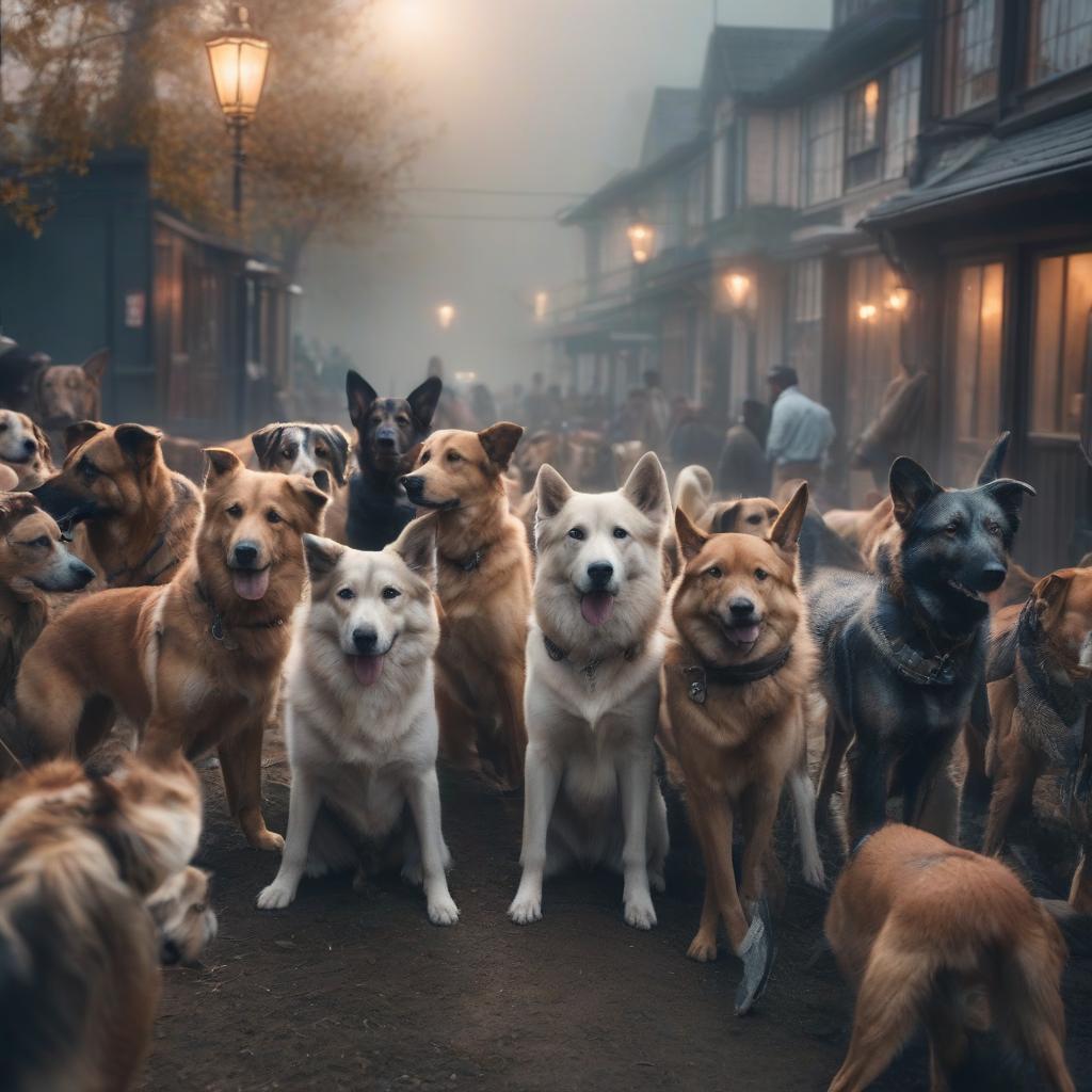  A pack of dogs. hyperrealistic, full body, detailed clothing, highly detailed, cinematic lighting, stunningly beautiful, intricate, sharp focus, f/1. 8, 85mm, (centered image composition), (professionally color graded), ((bright soft diffused light)), volumetric fog, trending on instagram, trending on tumblr, HDR 4K, 8K