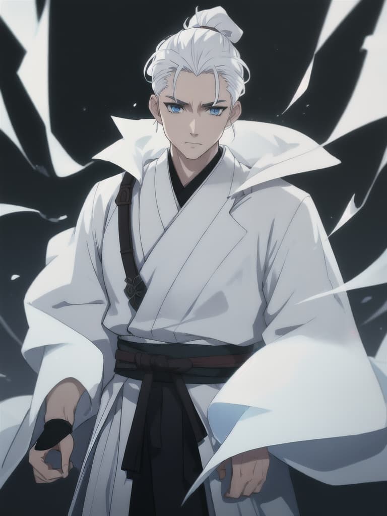  (anime cartoon man), (caucasian ethnicity, pale skin), young, wide body, blue eyes, slicked back hair, white hair, samurai clothing hyperrealistic, full body, detailed clothing, highly detailed, cinematic lighting, stunningly beautiful, intricate, sharp focus, f/1. 8, 85mm, (centered image composition), (professionally color graded), ((bright soft diffused light)), volumetric fog, trending on instagram, trending on tumblr, HDR 4K, 8K