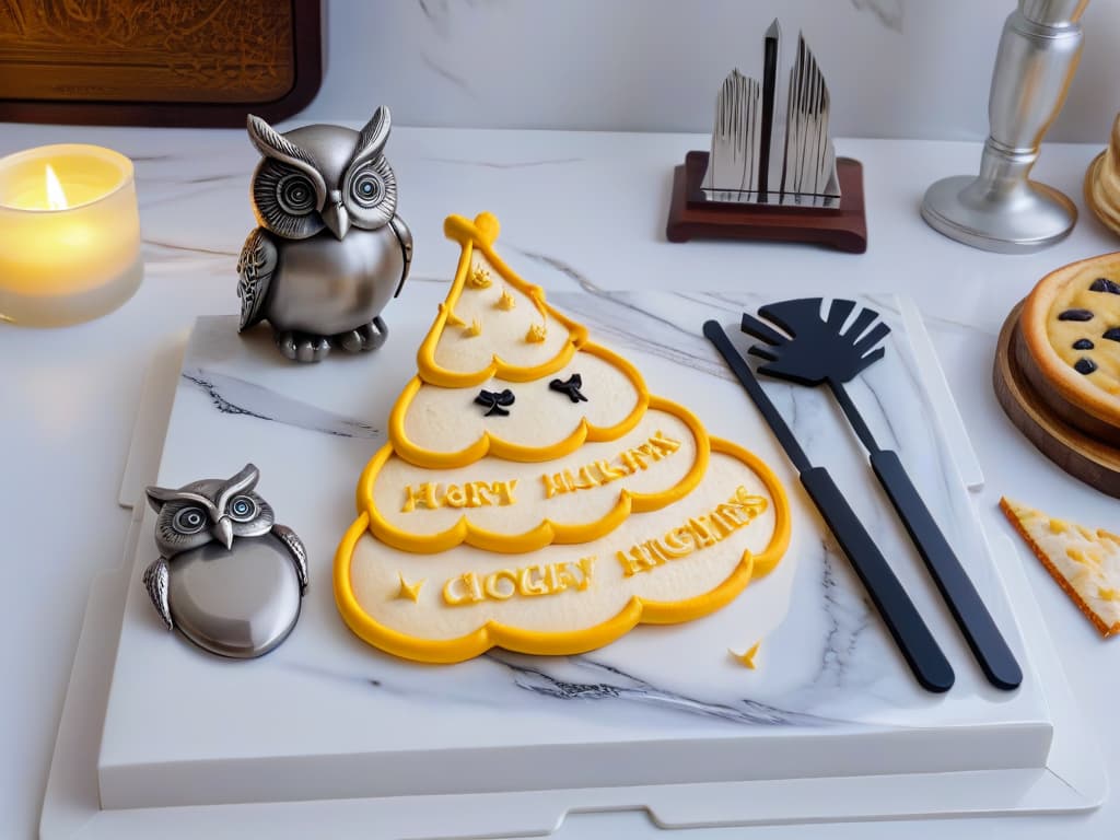  An ultradetailed 8k image of a sleek, minimalistic kitchen countertop adorned with an array of intricately designed Harry Potterthemed baking accessories. The image features a set of elegant silver measuring spoons engraved with iconic Hogwarts crests, a sophisticated black spatula with a wandshaped handle, a polished wooden rolling pin embossed with magical symbols, and a set of stylish cookie cutters in the shapes of lightning bolts, owls, and wizard hats. The accessories are neatly arranged on a pristine marble surface, casting soft, inviting shadows in the warm glow of a subtle undercabinet light, creating a visually stunning and enchanting scene that perfectly complements the magical world of Harry Potter. hyperrealistic, full body, detailed clothing, highly detailed, cinematic lighting, stunningly beautiful, intricate, sharp focus, f/1. 8, 85mm, (centered image composition), (professionally color graded), ((bright soft diffused light)), volumetric fog, trending on instagram, trending on tumblr, HDR 4K, 8K