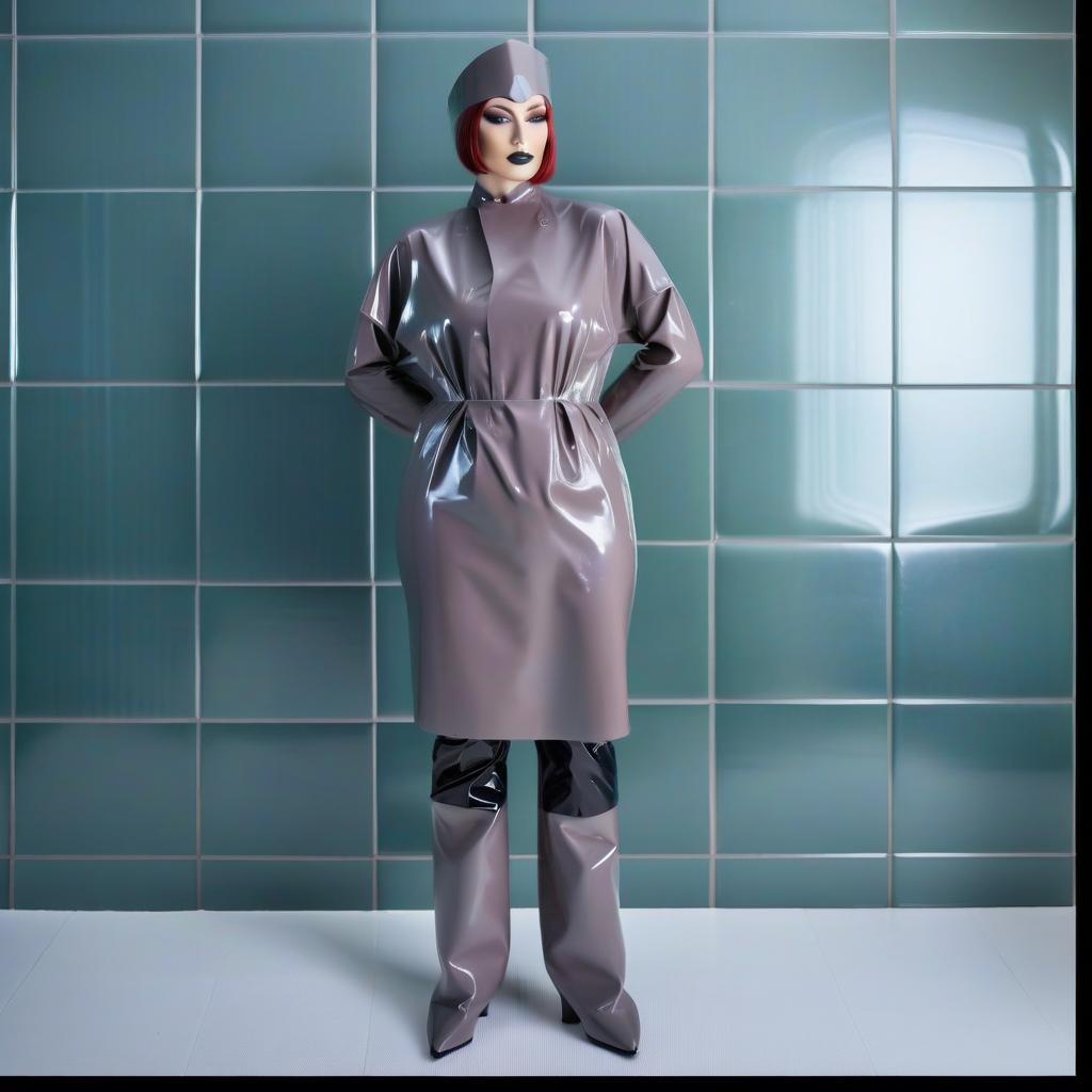  "(Excessively detailed description), (a standing lone female surgeon) in (glossy latex: 1.2) (dark green: 1.3) and (dark blue: 1.3), (full size:1.2), (front view:1.2), (side view:1.2), stands alone in a changing room in the waiting area of the operating theatre amid a tile wall, nobody else is there. • Detailed description: (colors and details of the surgical costume are only available in a two tone version: • glossy latex • dark green and dark blue, • other colors are not available). • Surgical outfit: (shiny latex. Surgical gown of straight cut: 1.3), (fitted at the waist: 1.3), (length down to the knee: 1.3), (closed neck: 1.3), (without pockets: 1.3), (pleated bands at the waist: 1.3), (long sleeves in shiny latex: 1.3), (cu hyperrealistic, full body, detailed clothing, highly detailed, cinematic lighting, stunningly beautiful, intricate, sharp focus, f/1. 8, 85mm, (centered image composition), (professionally color graded), ((bright soft diffused light)), volumetric fog, trending on instagram, trending on tumblr, HDR 4K, 8K