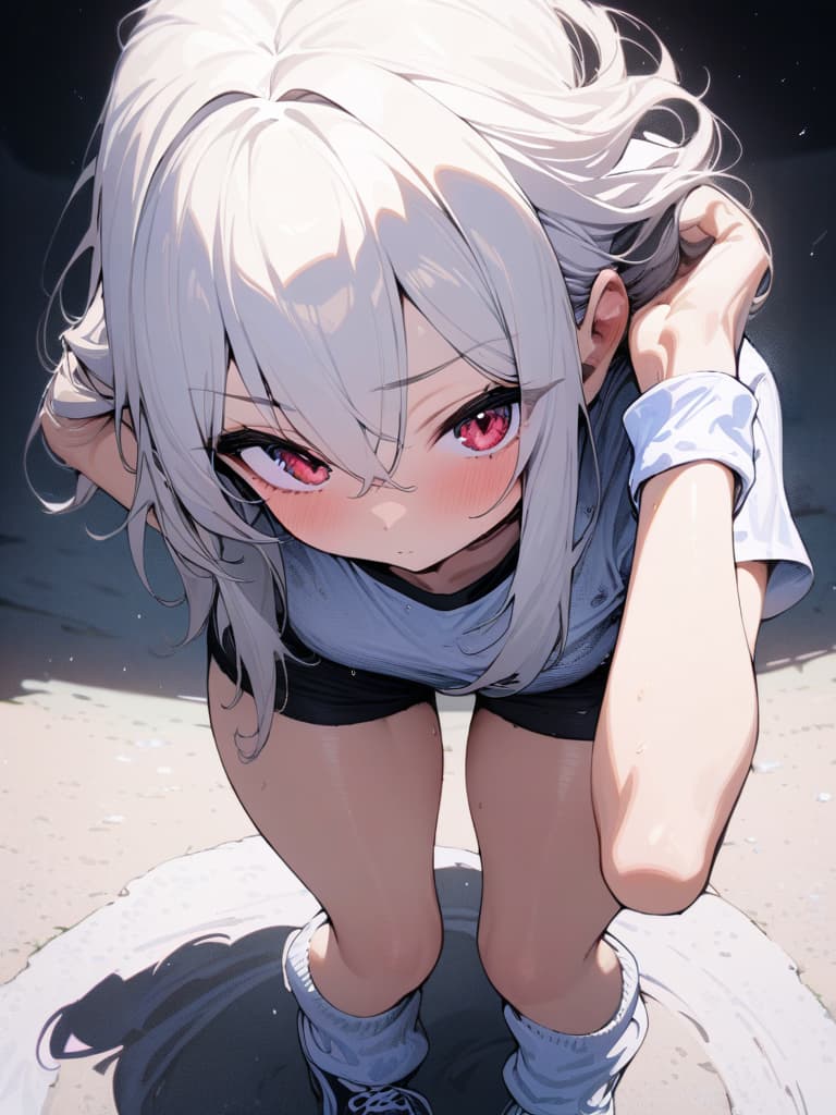  (ultra wide view,blah background,sence of depth:1.2),(from above,field,looking at viewer,face focus,all body,track and field,outdoor:1.2) BREAK solo,,kawaii,[red eyes],dot mouth,beautiful ,(tsurime),(((white hair))),(straight hair,hair over ears:1.2),hair over shoulder,(rabbit ears:1.2),(rabbit tail),gym shirt,(short sleeves:1.3),(sleeves rolled up:1.3),gym shorts,dig in shorts,(loose socks),sneakers,(squat,leaning forward, together foots apart,both hands in hair) BREAK (absurdres,highres,superlative),((texture)),((ultra contrast)),(top quality,masterpiece:1.5),, masterpiece, best quality,8k,ultra detailed,high resolution,an extremely delicate and beautiful,hyper detail