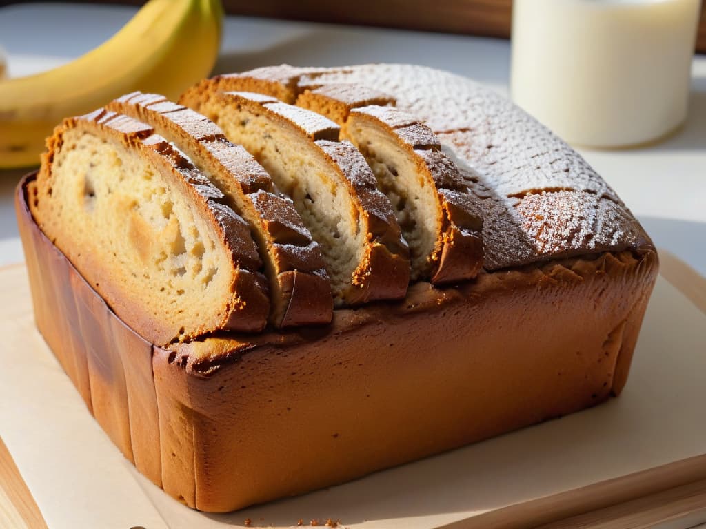  A closeup, ultradetailed image of a perfectly goldenbrown, moist banana bread loaf just out of the oven, with steam rising from the slices being cut, showcasing the texture of the bread and the caramelized edges. The lighting should be warm and inviting, highlighting the natural ingredients like bananas and nuts incorporated in the bread, with a dusting of powdered sugar on top adding a touch of elegance. The background should be a blurred kitchen setting with hints of a wooden cutting board and a vintagestyle knife, emphasizing the homemade aspect of the baked goods. hyperrealistic, full body, detailed clothing, highly detailed, cinematic lighting, stunningly beautiful, intricate, sharp focus, f/1. 8, 85mm, (centered image composition), (professionally color graded), ((bright soft diffused light)), volumetric fog, trending on instagram, trending on tumblr, HDR 4K, 8K