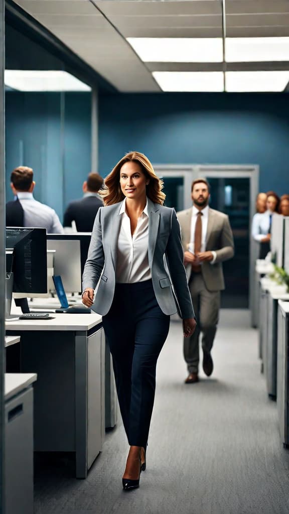  (A bustling modern office environment, with cubicles and employees working diligently at their desks. In the center of the frame, a confident and capable looking woman strides through the halls, her colleagues cheering and applauding her as she passes by.) hyperrealistic, full body, detailed clothing, highly detailed, cinematic lighting, stunningly beautiful, intricate, sharp focus, f/1. 8, 85mm, (centered image composition), (professionally color graded), ((bright soft diffused light)), volumetric fog, trending on instagram, trending on tumblr, HDR 4K, 8K