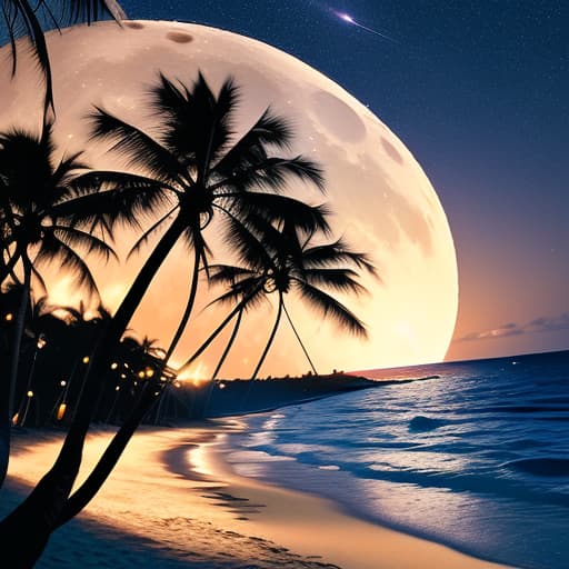  Night on a summer island beach, palm trees, full moon reflected in the calm ocean, Milky Way showing