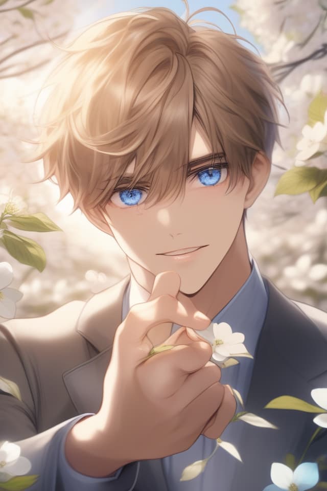  Masterpiece,one man,delicate light brown hair color,delicate blue eye color,looking up,holding out his hand,dogwood flower,high definition,8K