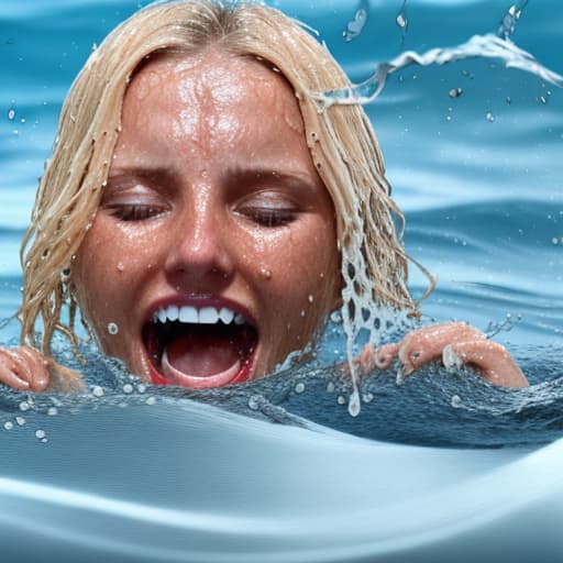  tanned blonde woman's face is in the water she's drowning she's screaming and panic a lot of water waves and splashes around her