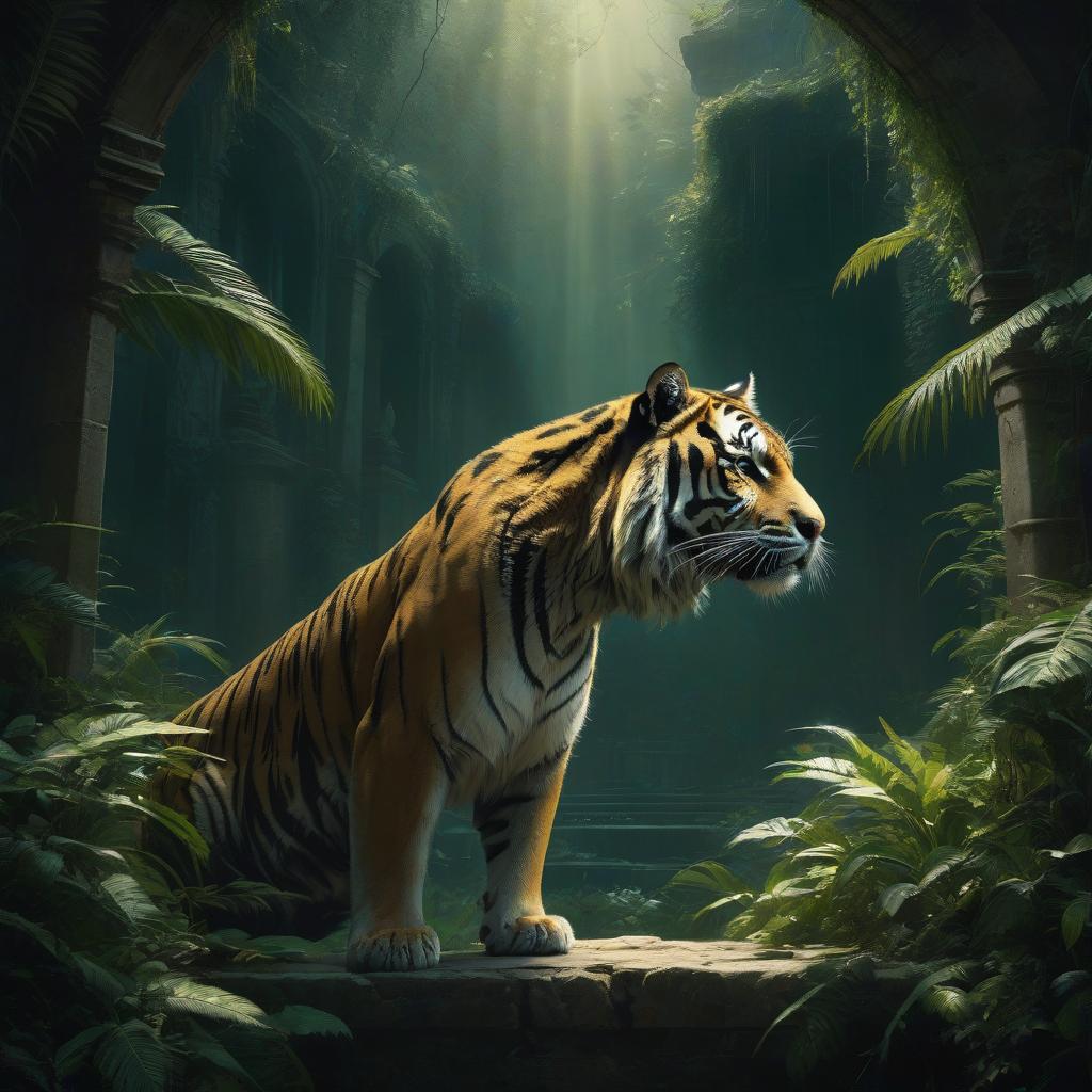  cinematic film still a Jeremy Mann inspired oil painting in ultra HD 8K, displaying a majestic green and purple tiger enthroned in a mysterious jungle palace. Sunlight filters through lush foliage, while the tiger surveys its domain from a stone window, embodying regal poise and introspection. The chamber combines opulence with signs of decay amidst rich jungle life, capturing the glory of a forgotten empire. In a low key digital style, the tiger's face is dramatically lit, with airborne pollen adding to the scene's enigma. Envision an Ivan Aivazovsky level of skill in this high resolution masterpiece that balances symmetry with moody, action infused realism, framed by conceptual art aesthetics and mystical atmosphere. dark chiaroscuro low  hyperrealistic, full body, detailed clothing, highly detailed, cinematic lighting, stunningly beautiful, intricate, sharp focus, f/1. 8, 85mm, (centered image composition), (professionally color graded), ((bright soft diffused light)), volumetric fog, trending on instagram, trending on tumblr, HDR 4K, 8K