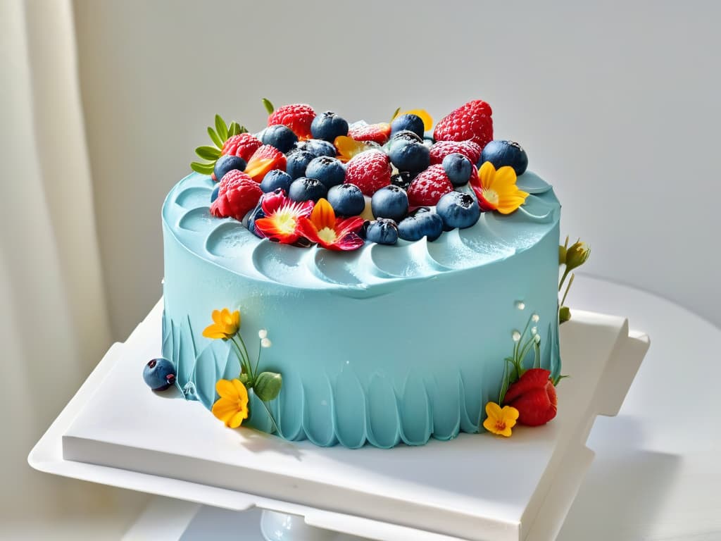  A beautifully decorated glutenfree cake with intricate piping designs, adorned with fresh berries and edible flowers, displayed on a sleek, modern white cake stand against a soft, blurred background. The cake is expertly crafted, showcasing precision and artistry in its detailing, appealing to both the eyes and the taste buds. hyperrealistic, full body, detailed clothing, highly detailed, cinematic lighting, stunningly beautiful, intricate, sharp focus, f/1. 8, 85mm, (centered image composition), (professionally color graded), ((bright soft diffused light)), volumetric fog, trending on instagram, trending on tumblr, HDR 4K, 8K