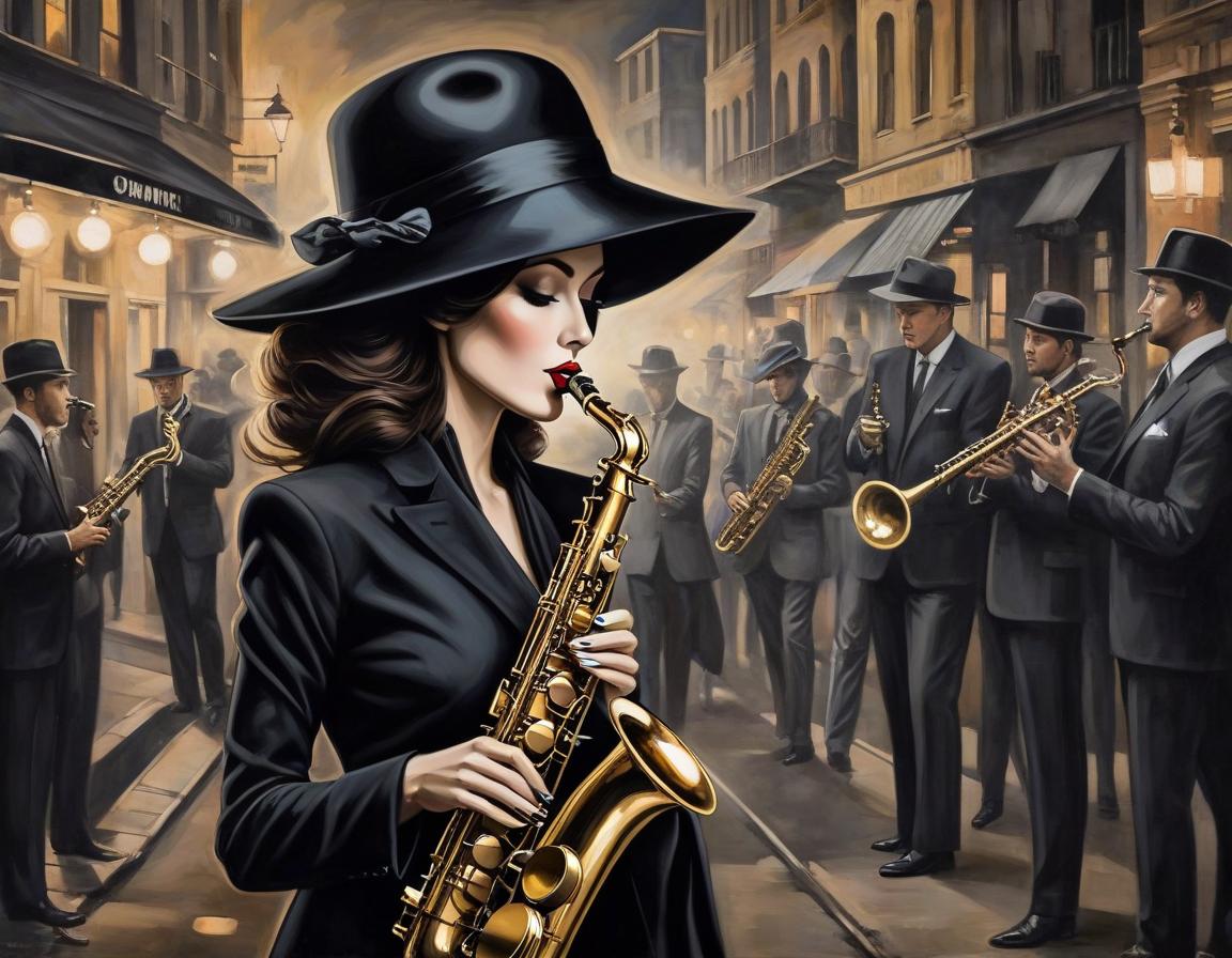  surrealist art An exquisite depiction of woman in a black hat playing the saxophone, with Louis Jover and Drew Darcy inspired style. The artwork is highly detailed, elegant, and intricate, featuring dynamic lighting and imperial colors. It is a stunning piece with a surreal and ultra realistic touch, created using oil on canvas with a focus on sharp details . dreamlike, mysterious, provocative, symbolic, intricate, detailed hyperrealistic, full body, detailed clothing, highly detailed, cinematic lighting, stunningly beautiful, intricate, sharp focus, f/1. 8, 85mm, (centered image composition), (professionally color graded), ((bright soft diffused light)), volumetric fog, trending on instagram, trending on tumblr, HDR 4K, 8K