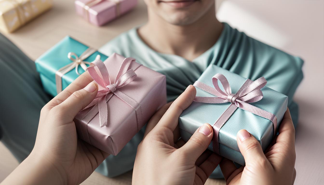  cinematic, aesthetic, Pair of hands giving a wrapped gift, soft pastel colors, light and warmth, sincerity and heartfelt giving, 4k, HDR, lens flare