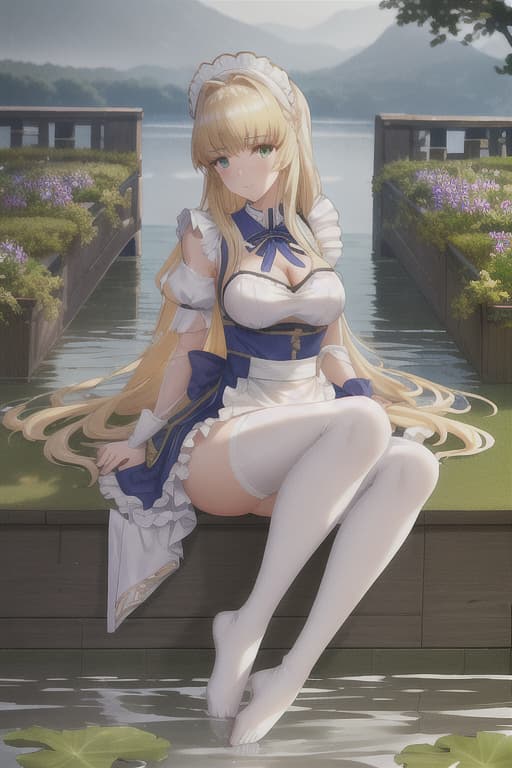  (score 9,score 8 up,score 7 up,),Fate saber,solo,maid,maid headdress,looking at viewer,outdoor,lake,apron,blonde hair,indoors,green eyes,bare foot,two feet in the water lotus flower sex stunny hyperrealistic, full body, detailed clothing, highly detailed, cinematic lighting, stunningly beautiful, intricate, sharp focus, f/1. 8, 85mm, (centered image composition), (professionally color graded), ((bright soft diffused light)), volumetric fog, trending on instagram, trending on tumblr, HDR 4K, 8K