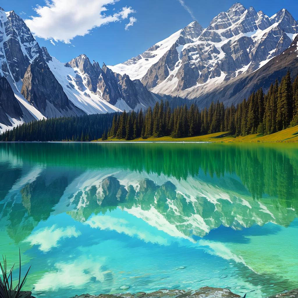  as a painting, Convey the serene majesty of towering mountains reflected in the crystal-clear waters of a tranquil alpine lake, using your unique artistic vision to evoke a sense of awe and tranquility.