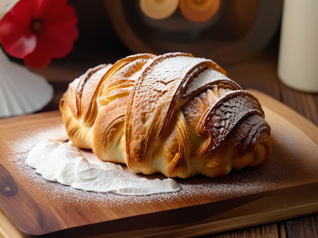  A closeup, ultradetailed image of a perfectly goldenbrown croissant fresh out of the oven, resting on a rustic wooden cutting board with a light dusting of powdered sugar on top, showcasing its flaky layers and inviting aroma. hyperrealistic, full body, detailed clothing, highly detailed, cinematic lighting, stunningly beautiful, intricate, sharp focus, f/1. 8, 85mm, (centered image composition), (professionally color graded), ((bright soft diffused light)), volumetric fog, trending on instagram, trending on tumblr, HDR 4K, 8K