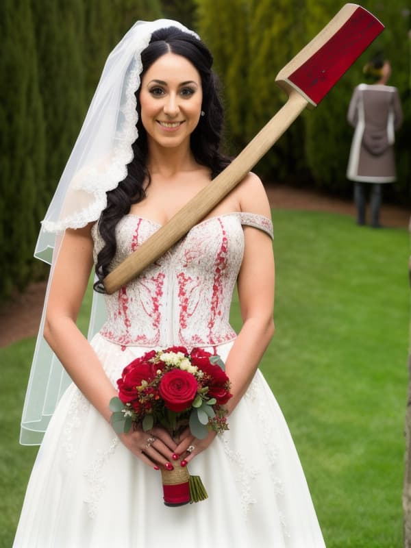 a bride wearing a bloodstained wedding dress while holding an ax