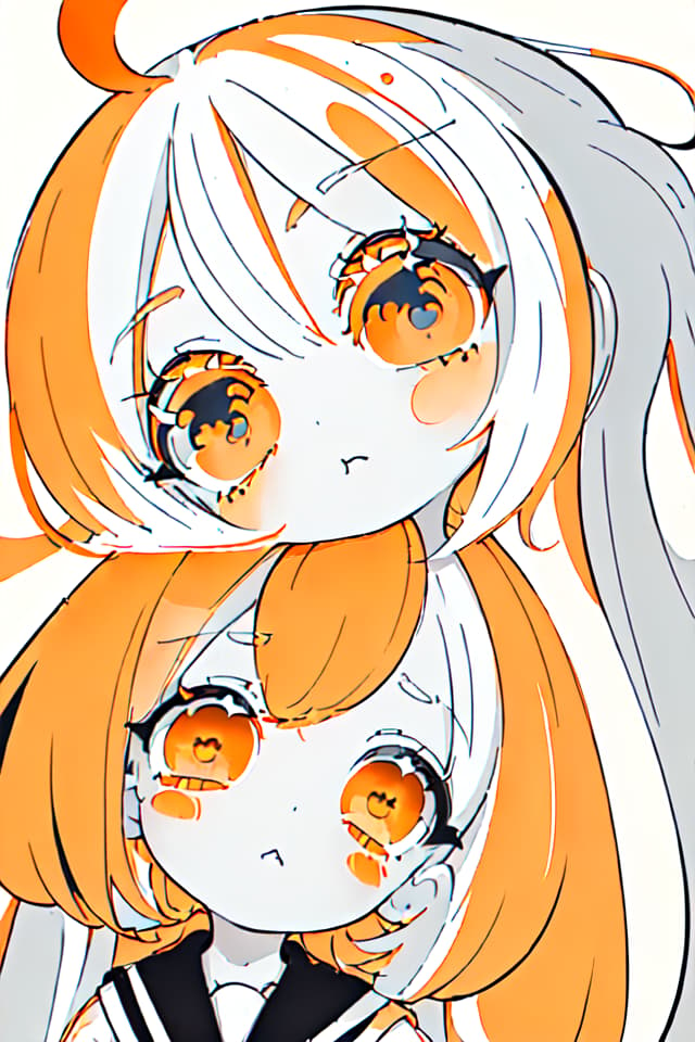  Masterpiece,(little girl:twin tail hair,sailor suit,white hair color,delicate hair color,orange eye color,delicate eye color,cool face,:1.1),(round eyes,eyes highlight :1.3)(((limited only 3 colors,black and white and orange:1.4)))((head tilt:1.2))(looking up:1.3)(from above :1.3),quality,8K