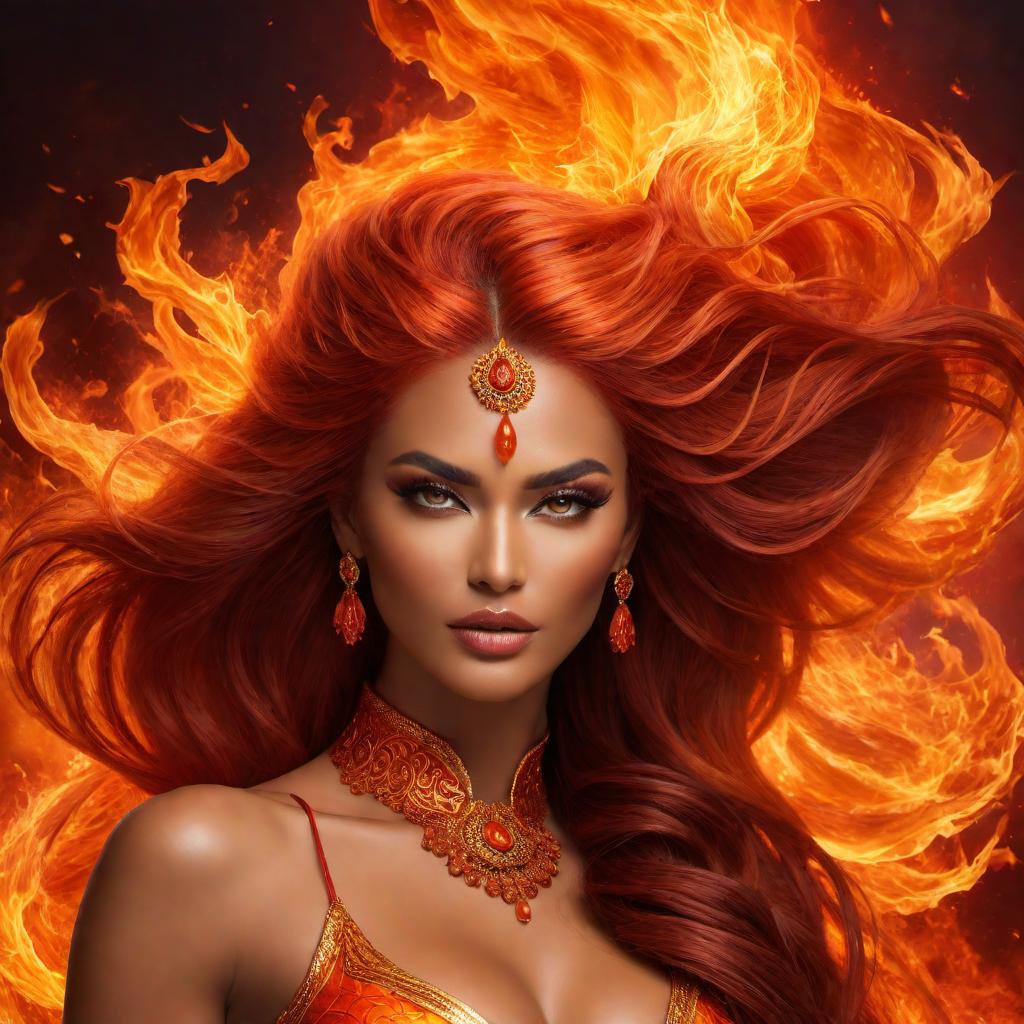  A stunning and powerful woman embodying the element of fire. She should have an aura of flames, perhaps literal flames for hair, and an expression of fierce determination. Her clothing or body should suggest a fiery theme, with bright oranges, reds, and yellows to represent the flickering and dancing of flames. hyperrealistic, full body, detailed clothing, highly detailed, cinematic lighting, stunningly beautiful, intricate, sharp focus, f/1. 8, 85mm, (centered image composition), (professionally color graded), ((bright soft diffused light)), volumetric fog, trending on instagram, trending on tumblr, HDR 4K, 8K