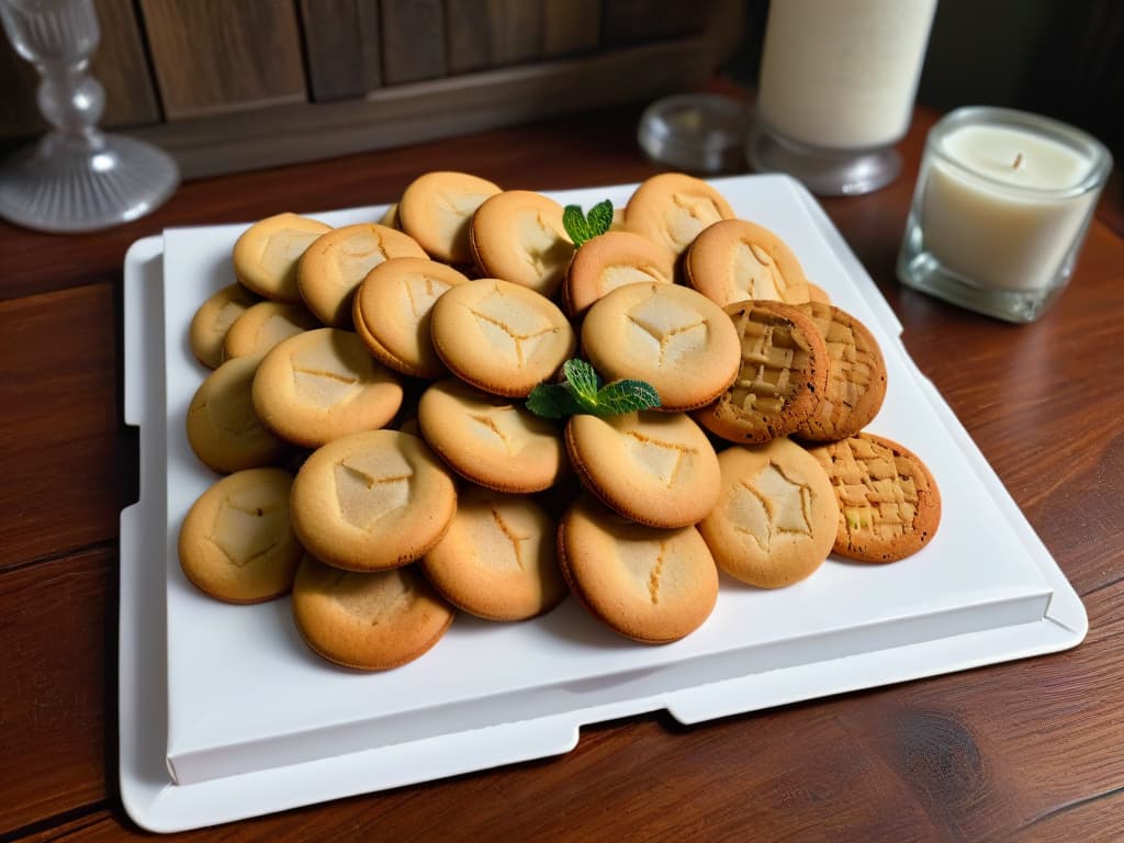  A photorealistic image of a beautifully arranged platter of freshly baked vegan cookies, showcasing a variety of flavors and shapes. The cookies are placed on a rustic wooden table, with a few crumbs scattered around and a sprig of fresh mint as garnish. The lighting is soft, accentuating the textures and colors of the cookies, making them look irresistibly delicious and inviting. hyperrealistic, full body, detailed clothing, highly detailed, cinematic lighting, stunningly beautiful, intricate, sharp focus, f/1. 8, 85mm, (centered image composition), (professionally color graded), ((bright soft diffused light)), volumetric fog, trending on instagram, trending on tumblr, HDR 4K, 8K