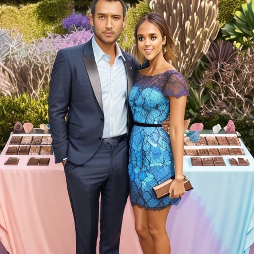  Beautiful Jessica Alba and boyfriend looking down (lace multi colored pastel designer dress, men’s blue business suit)(dark shadowed lighting)(Superrealism)(Foreground: open small box of fine dark chocolates on a reflective marble serving table) Background lush garden with fountain.