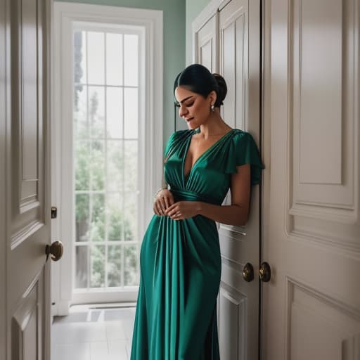  /send image una mujer atiende a la ñiñera y le dice que su hijo esta en su cuartoThe scene shifts as a dressed in a silky, emerald green dress with matching high heels greets the nanny in the hallway. She introduces herself and gracefully escorts her up the staircase to their son's room, located towards the end of the corridor. Inside it's filled with sunlight filtering through wide open windows and toys scattered around neatly. Upon reaching, she tells the caring nanny that her cherished boy is sleeping peacefully in his cot placed beside large gl doors overlooking lush trees outside. Her gentle touch on his tender cheek reuring herself before stepping aside allowing ample space for our compionate ñiñer hyperrealistic, full body, detailed clothing, highly detailed, cinematic lighting, stunningly beautiful, intricate, sharp focus, f/1. 8, 85mm, (centered image composition), (professionally color graded), ((bright soft diffused light)), volumetric fog, trending on instagram, trending on tumblr, HDR 4K, 8K