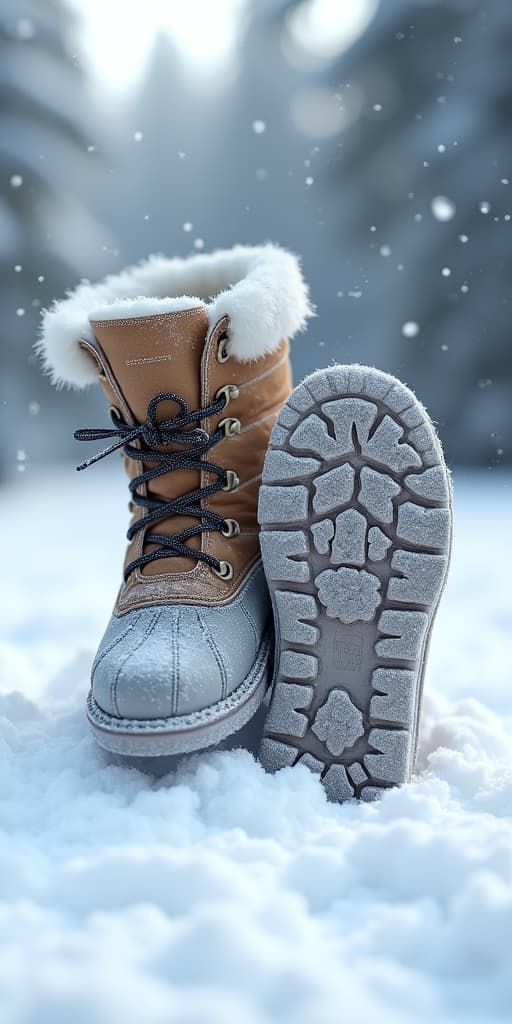  good quality, high quality, 3d flying winter boots with frost covered soles isolated on white winter adventure gear & fashion icon, close up details on soles