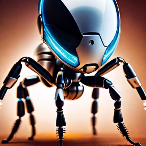  in a product photography style, Create an image featuring a robotic ant adorned in space-themed attire within a brightly illuminated environment, evoking a sense of exploration and futuristic technology.