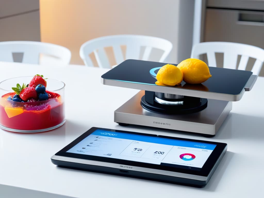  A highresolution, ultradetailed image of a sleek, futuristic kitchen counter with advanced culinary gadgets neatly arranged, including a stateoftheart digital scale, precision measuring tools, a tablet displaying a sophisticated dessert design app, and a modern pastry piping bag filled with colorful icing. The background is softly blurred, highlighting the clean lines and minimalist aesthetic of the technologyenhanced baking tools. hyperrealistic, full body, detailed clothing, highly detailed, cinematic lighting, stunningly beautiful, intricate, sharp focus, f/1. 8, 85mm, (centered image composition), (professionally color graded), ((bright soft diffused light)), volumetric fog, trending on instagram, trending on tumblr, HDR 4K, 8K