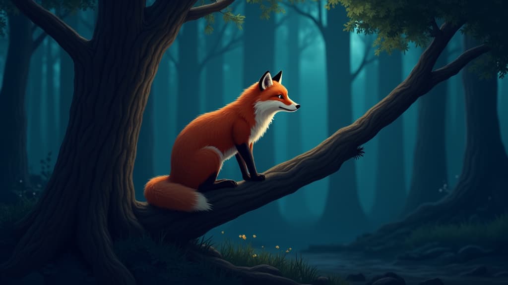  good quality, high quality, nighttime forest scene with a red fox perched on a tree trunk