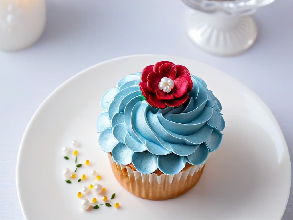  A closeup, ultradetailed image of a beautifully decorated cupcake with vibrant frosting and intricate sprinkles, presented on a sleek, modern white plate. The cupcake is delicately adorned with a miniature fondant flower and shimmering edible pearls, showcasing the artistry and creativity involved in pastry decoration. The image captures the perfect lighting to highlight the textures and colors of the cupcake, inviting the viewer to appreciate the craftsmanship and attention to detail in the world of pastry arts. hyperrealistic, full body, detailed clothing, highly detailed, cinematic lighting, stunningly beautiful, intricate, sharp focus, f/1. 8, 85mm, (centered image composition), (professionally color graded), ((bright soft diffused light)), volumetric fog, trending on instagram, trending on tumblr, HDR 4K, 8K