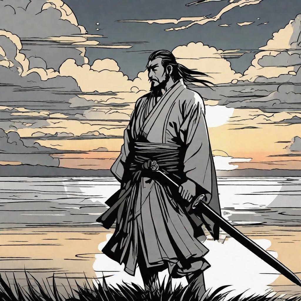  masterpiece, best quality,Black and white comic style, Miyamoto Musashi facing the sea unsheathed his sword, sunset afterglow