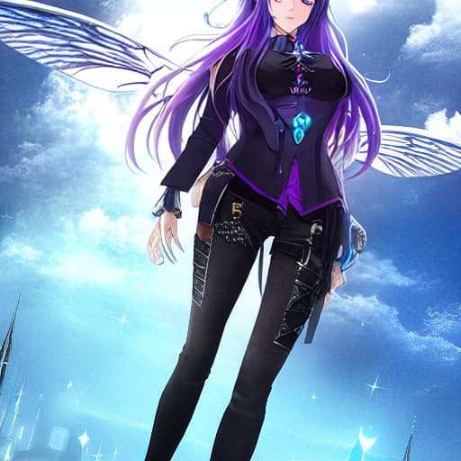  female,long hair Purple,her bangs on the side,Blue eyes,fairy,her Wings is buttetfly Purple,blck jeans,black shirt,black hacker,background is sky,she is fly at the sky hyperrealistic, full body, detailed clothing, highly detailed, cinematic lighting, stunningly beautiful, intricate, sharp focus, f/1. 8, 85mm, (centered image composition), (professionally color graded), ((bright soft diffused light)), volumetric fog, trending on instagram, trending on tumblr, HDR 4K, 8K