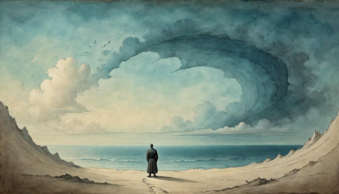  on parchment, surrealism+++, A lone figure stands at the edge of an unseen boundary, eyes fixed on a horizon where sky and sea merge into one, embodying freedom. Lone figure, horizon where sky meets sea, edge of the known, gaze fixed on the horizon, moment of liberation, freedom from constraints.(mysterious, provocative, symbolic,muted color)+++