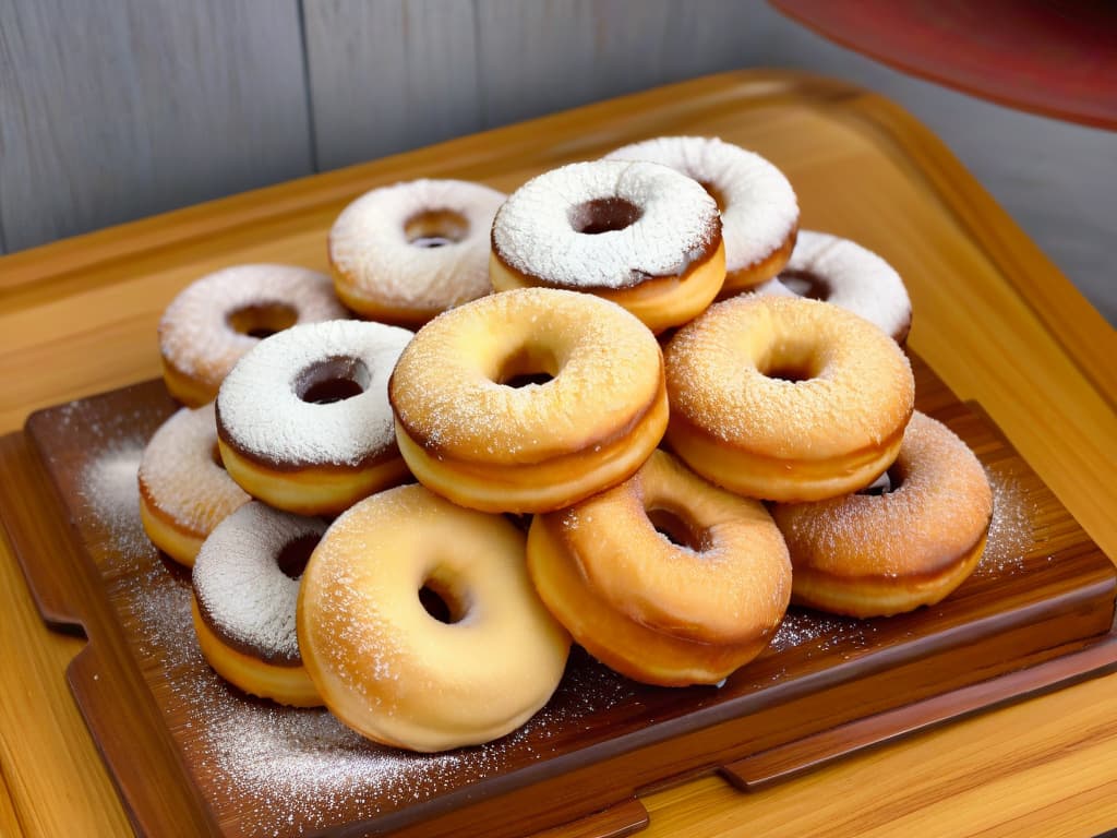  A closeup, photorealistic image of freshly fried Mandazi donuts, golden brown and slightly crispy on the outside, with a light dusting of powdered sugar on top. The donuts are arranged on a rustic wooden plate, showcasing their fluffy texture and enticing aroma. The background is softly blurred to highlight the delicious details of the traditional African treat. hyperrealistic, full body, detailed clothing, highly detailed, cinematic lighting, stunningly beautiful, intricate, sharp focus, f/1. 8, 85mm, (centered image composition), (professionally color graded), ((bright soft diffused light)), volumetric fog, trending on instagram, trending on tumblr, HDR 4K, 8K