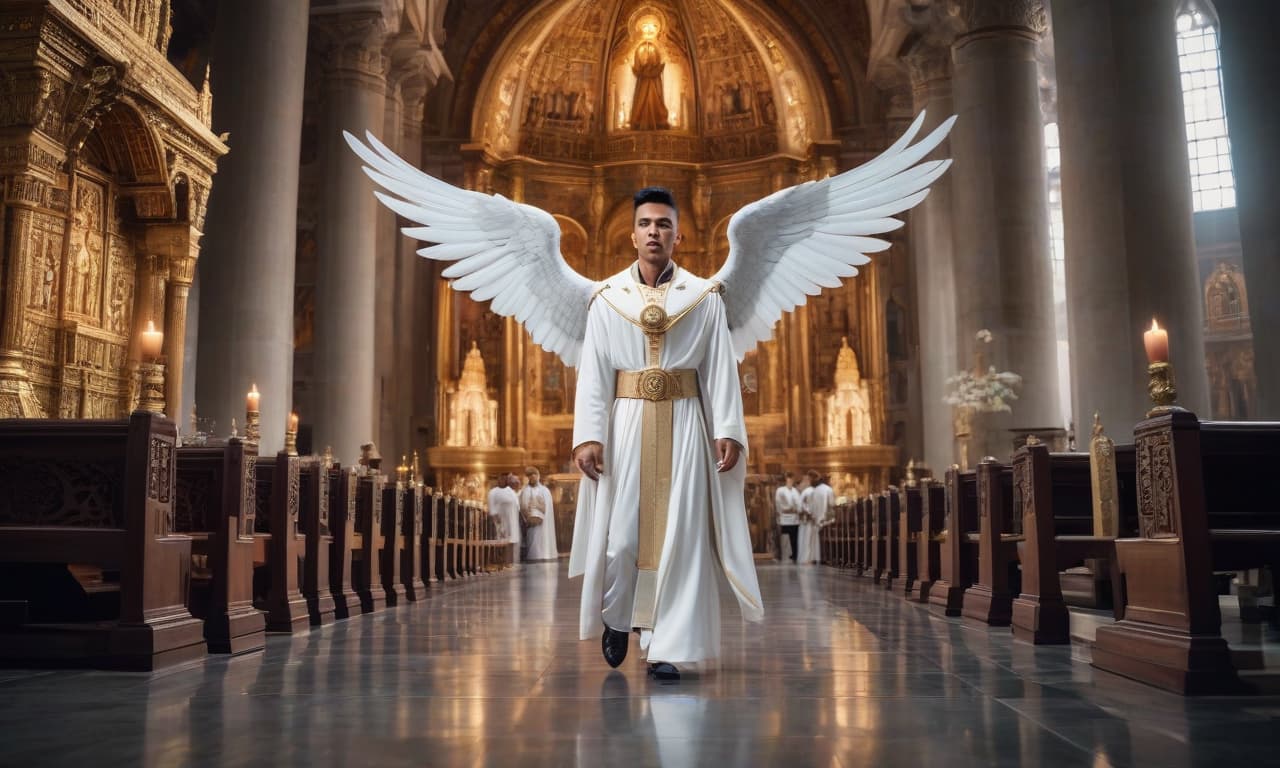  A boy child with white wings, halo, in the temple, behind the priests. hyperrealistic, full body, detailed clothing, highly detailed, cinematic lighting, stunningly beautiful, intricate, sharp focus, f/1. 8, 85mm, (centered image composition), (professionally color graded), ((bright soft diffused light)), volumetric fog, trending on instagram, trending on tumblr, HDR 4K, 8K