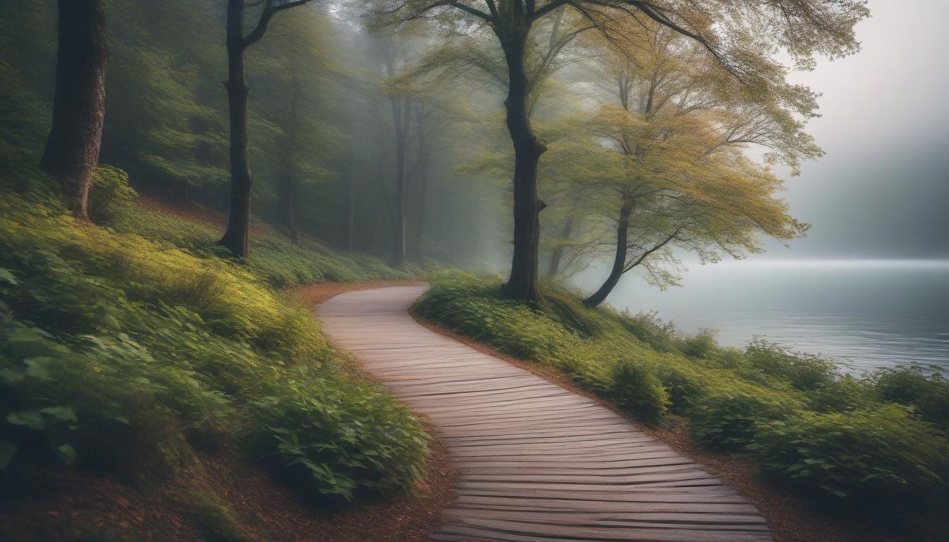  Winding path by the lake hyperrealistic, full body, detailed clothing, highly detailed, cinematic lighting, stunningly beautiful, intricate, sharp focus, f/1. 8, 85mm, (centered image composition), (professionally color graded), ((bright soft diffused light)), volumetric fog, trending on instagram, trending on tumblr, HDR 4K, 8K