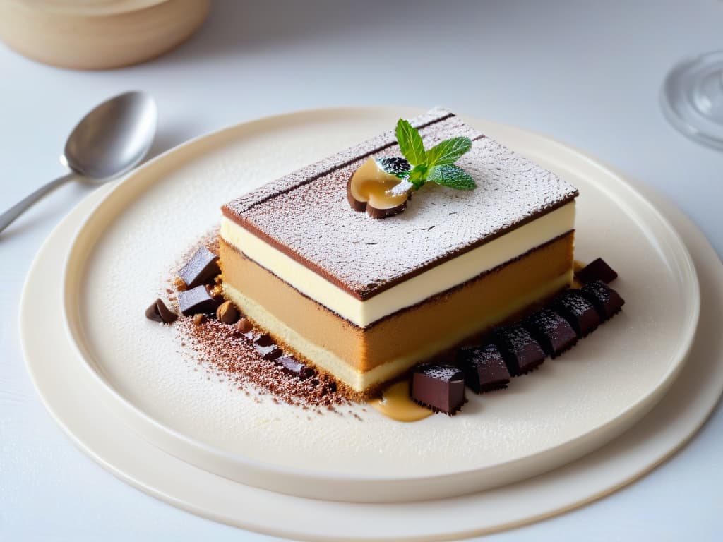  A closeup, ultradetailed photograph of a delicate, intricately designed dessert plated on a sleek, modern dish. The dessert is a deconstructed version of a classic tiramisu, showcasing layers of coffeeinfused sponge, velvety mascarpone cream, and dusted cocoa powder. Each element is carefully arranged with precision, highlighting the innovative approach to traditional pastry techniques. The dish is garnished with a single coffee bean and a sprig of fresh mint, adding a pop of color against the neutral tones of the dessert and plate. hyperrealistic, full body, detailed clothing, highly detailed, cinematic lighting, stunningly beautiful, intricate, sharp focus, f/1. 8, 85mm, (centered image composition), (professionally color graded), ((bright soft diffused light)), volumetric fog, trending on instagram, trending on tumblr, HDR 4K, 8K