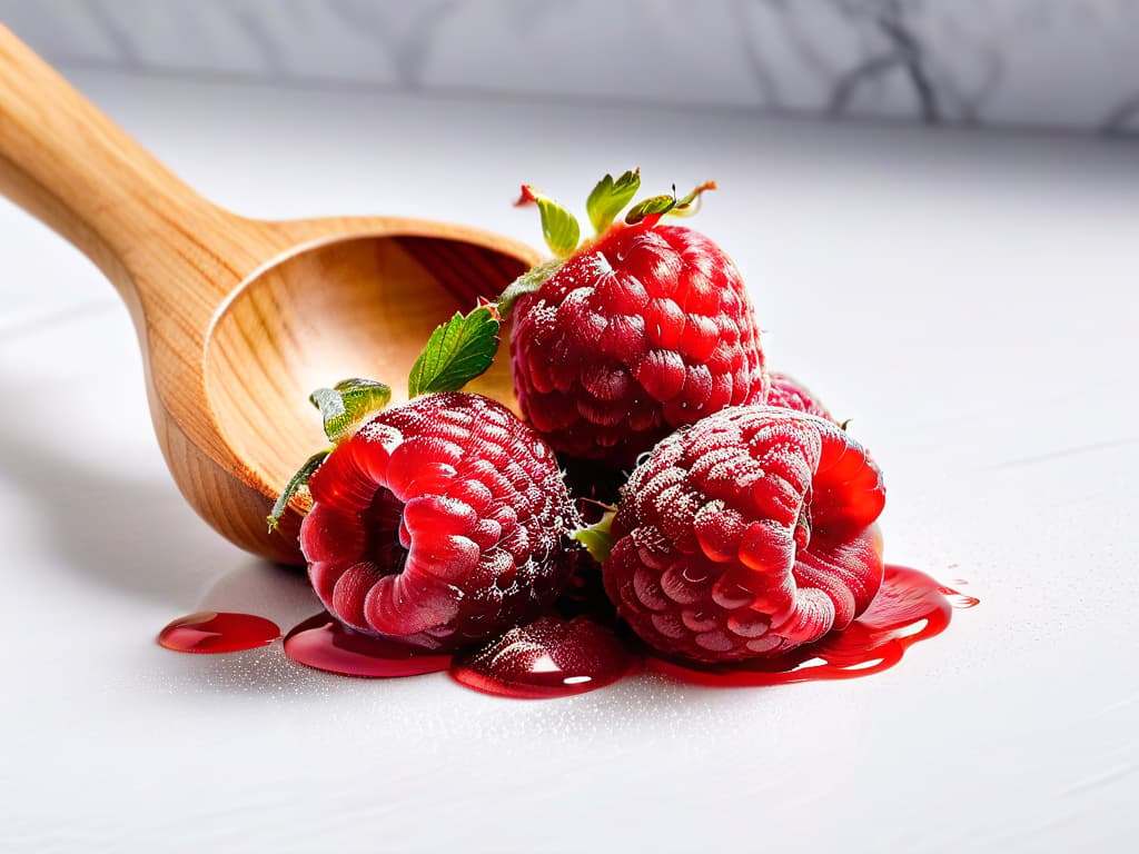  A closeup, ultradetailed image of a vibrant red raspberry being gently crushed by a wooden spoon, releasing a burst of juicy red droplets against a clean, white marble backdrop. The focus is on the intricate textures of the raspberry's skin and the way the droplets catch the light, creating a visually stunning and minimalistic composition that exudes freshness and flavor. hyperrealistic, full body, detailed clothing, highly detailed, cinematic lighting, stunningly beautiful, intricate, sharp focus, f/1. 8, 85mm, (centered image composition), (professionally color graded), ((bright soft diffused light)), volumetric fog, trending on instagram, trending on tumblr, HDR 4K, 8K