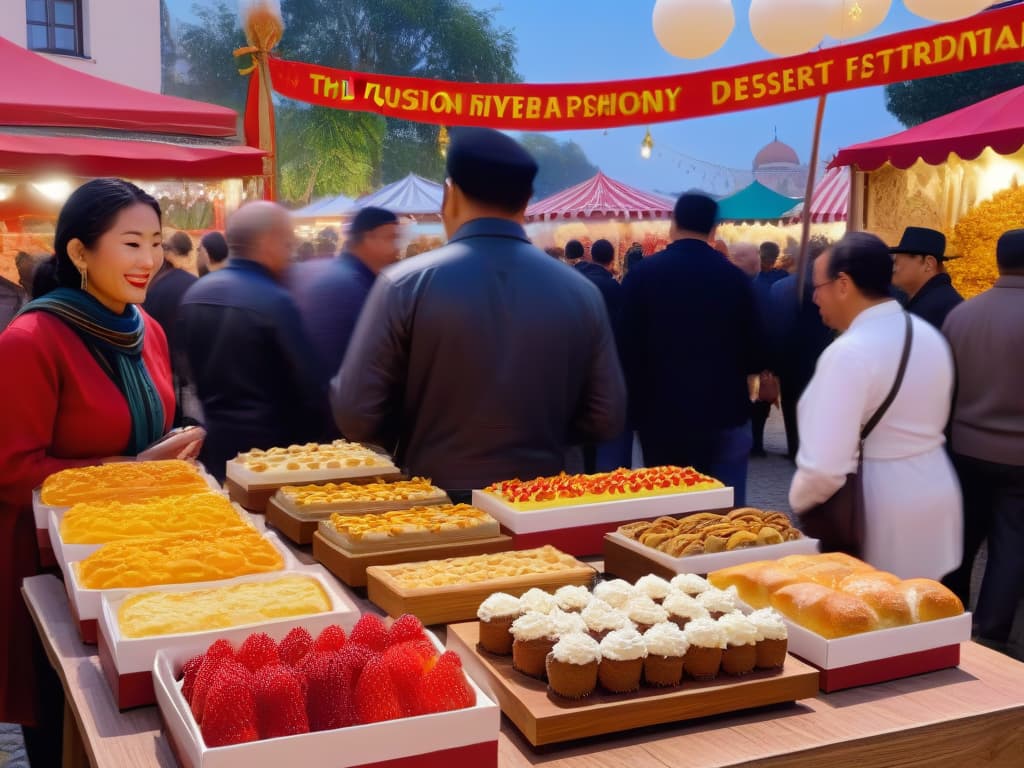  A photorealistic image of a bustling dessert festival, with traditional and modern desserts beautifully displayed in vibrant colors and intricate designs. The scene captures a mix of old and new, with people of diverse backgrounds happily sampling treats and engaging in conversation. The setting is a charming town square adorned with colorful banners and twinkling lights, creating a warm and inviting atmosphere that perfectly embodies the fusion of tradition and modernity in dessert culture. hyperrealistic, full body, detailed clothing, highly detailed, cinematic lighting, stunningly beautiful, intricate, sharp focus, f/1. 8, 85mm, (centered image composition), (professionally color graded), ((bright soft diffused light)), volumetric fog, trending on instagram, trending on tumblr, HDR 4K, 8K