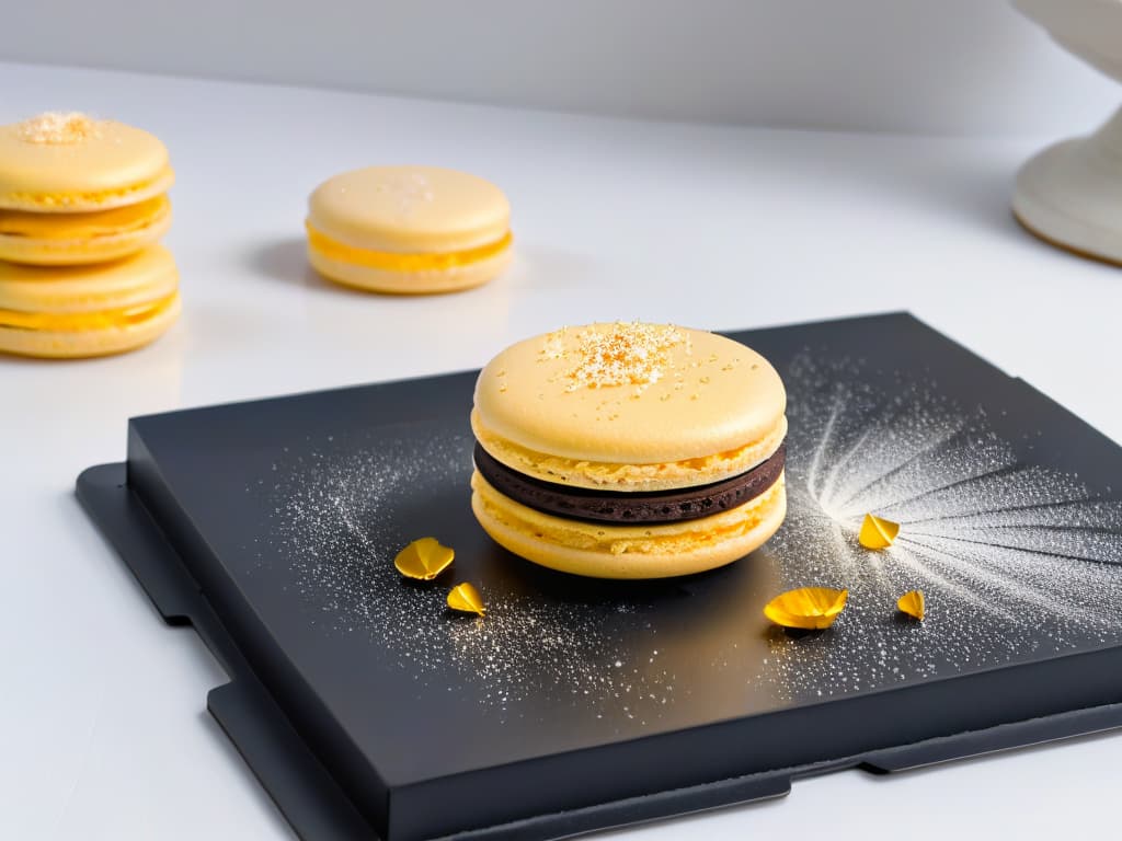  A closeup, ultradetailed image of a delicate, glutenfree macaron with a perfectly smooth surface, showcasing intricate ridges and a subtle dusting of edible gold flakes on top. The macaron sits on a sleek, modern ceramic plate, set against a stark white background that highlights its vibrant color and elegant presentation. hyperrealistic, full body, detailed clothing, highly detailed, cinematic lighting, stunningly beautiful, intricate, sharp focus, f/1. 8, 85mm, (centered image composition), (professionally color graded), ((bright soft diffused light)), volumetric fog, trending on instagram, trending on tumblr, HDR 4K, 8K