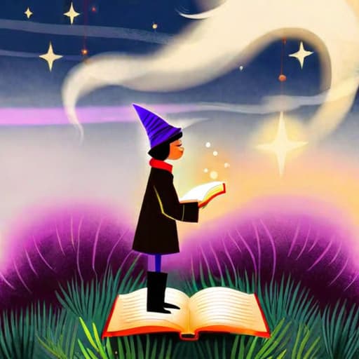  A child with a purple hat reading a magical book that glows, under a starry night sky, magical book, child, stars, best quality, very detailed, high resolution, sharp, sharp image, extremely detailed, (child-friendly:1.5) hyperrealistic, full body, detailed clothing, highly detailed, cinematic lighting, stunningly beautiful, intricate, sharp focus, f/1. 8, 85mm, (centered image composition), (professionally color graded), ((bright soft diffused light)), volumetric fog, trending on instagram, trending on tumblr, HDR 4K, 8K