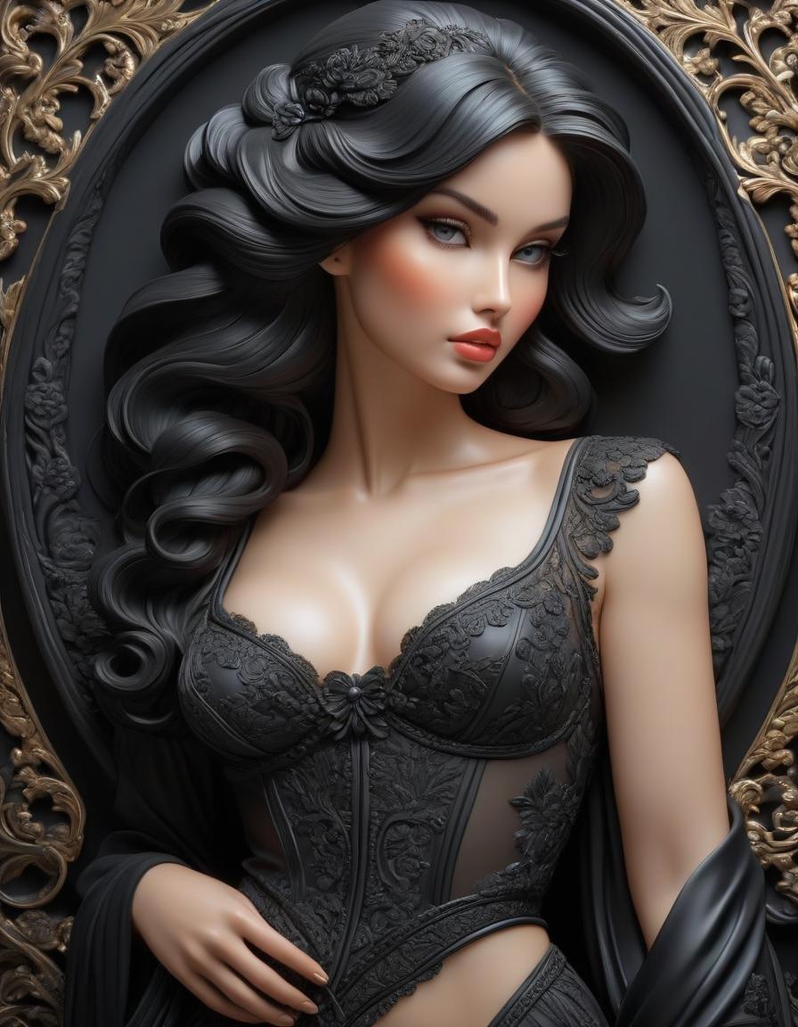  A stunningly detailed and intricately designed deepest black glossy porcelain bas relief of the modern woman in ideal proportion body. Wearing highly ornate, airy sheer negligee. This is a full body shot in the style of a hyper realistic, ultra high resolution, high detail masterpiece with intricate details. hyperrealistic, full body, detailed clothing, highly detailed, cinematic lighting, stunningly beautiful, intricate, sharp focus, f/1. 8, 85mm, (centered image composition), (professionally color graded), ((bright soft diffused light)), volumetric fog, trending on instagram, trending on tumblr, HDR 4K, 8K