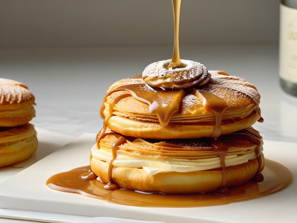  A closeup, ultrahighresolution image of a glossy, perfectly caramelized dulce de leche being drizzled elegantly over a stack of golden, flaky croissants on a sleek, modern marble countertop. The dulce de leche cascades slowly, capturing every detail of its thick, velvety texture as it delicately pools around the pastries, reflecting the soft ambient light in a mesmerizing display of indulgence and sophistication. hyperrealistic, full body, detailed clothing, highly detailed, cinematic lighting, stunningly beautiful, intricate, sharp focus, f/1. 8, 85mm, (centered image composition), (professionally color graded), ((bright soft diffused light)), volumetric fog, trending on instagram, trending on tumblr, HDR 4K, 8K