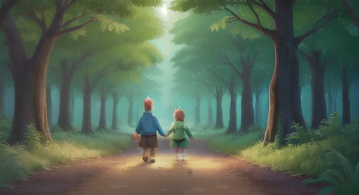  {Oh walking back home, the forest glowing in the background with a hint of magic in the air., Oh walks with a sense of contentment, their heart glowing with the magic of new friendships and wishes granted.