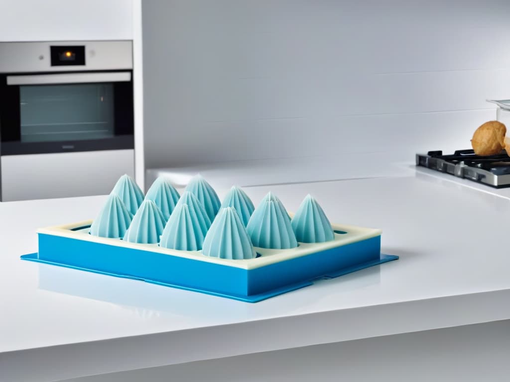  A highresolution, ultradetailed image of a sleek, modern kitchen countertop showcasing an array of innovative silicone baking molds in various shapes and sizes. The molds are neatly arranged in a symmetrical pattern, catching the light to highlight their versatility and quality. The background is a soft, blurred out to emphasize the molds, creating a visually striking and minimalistic composition that embodies innovation and professional craftsmanship in the kitchen. hyperrealistic, full body, detailed clothing, highly detailed, cinematic lighting, stunningly beautiful, intricate, sharp focus, f/1. 8, 85mm, (centered image composition), (professionally color graded), ((bright soft diffused light)), volumetric fog, trending on instagram, trending on tumblr, HDR 4K, 8K