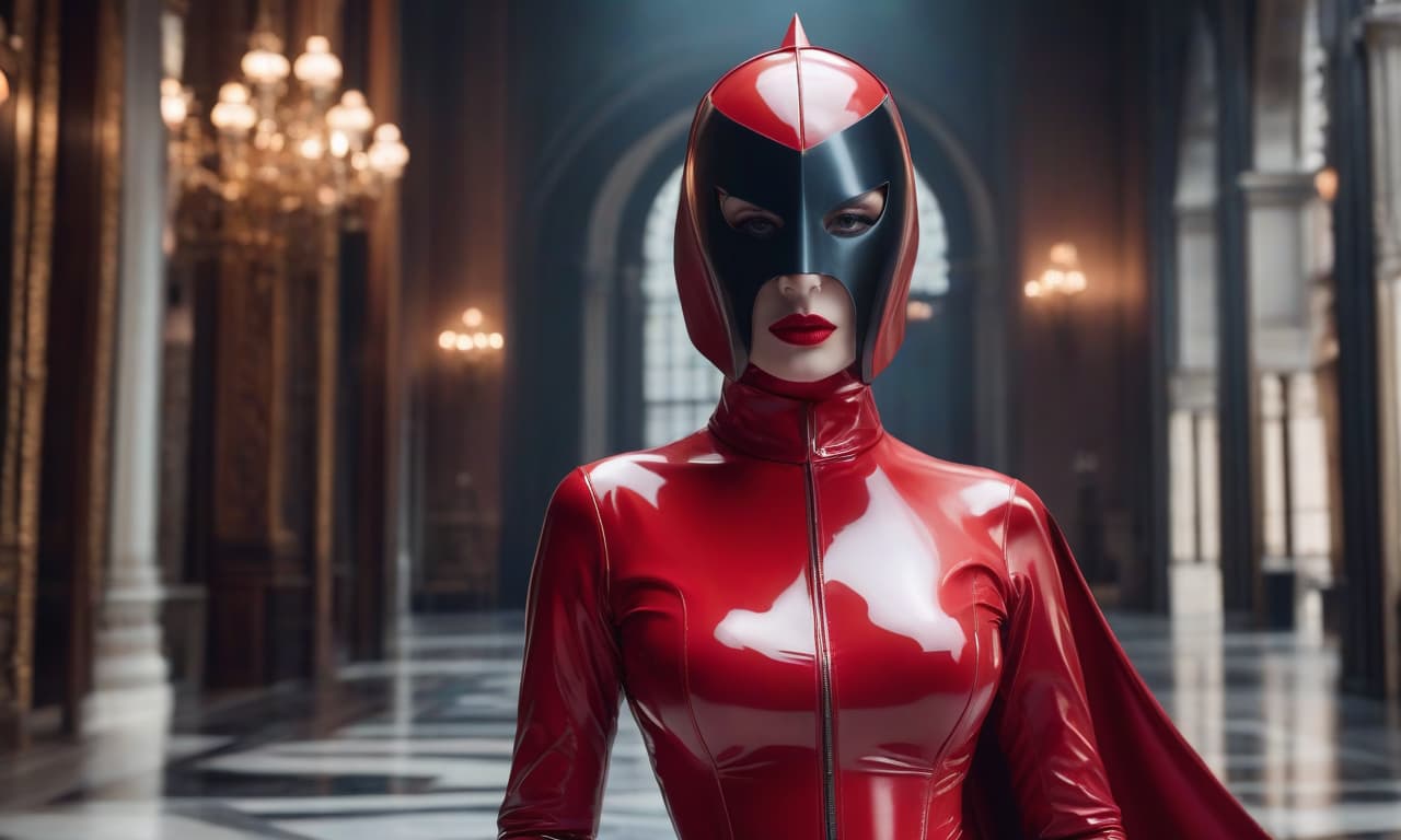  cinematic film still A strict nun, fully grown, pale skin, brightly colored eyes, plump lips, in a shiny red latex outfit tightly hugging her body. On her head is a tightly fitting white mask that covers her entire head and face. The mask tightly fits the entire face. On her hands are white gloves. On her legs are white boots with a high heel, a red corset, (dark frame: 1.17), epic realistic, gray, ((neutral colors)), artistic, (hdr: 1.5), (muted colors: 1.2), with increased detail, (Artstation: 1.5), cinematic, warm light, dramatic light, (complex details: 1.1), complex background, (Rutkovsky: 0.8), (sapphire and orange: 0.4), Details, ((complex details)), hdr((complex details, overly detailed)) . shallow depth of field, vignette, highly  hyperrealistic, full body, detailed clothing, highly detailed, cinematic lighting, stunningly beautiful, intricate, sharp focus, f/1. 8, 85mm, (centered image composition), (professionally color graded), ((bright soft diffused light)), volumetric fog, trending on instagram, trending on tumblr, HDR 4K, 8K