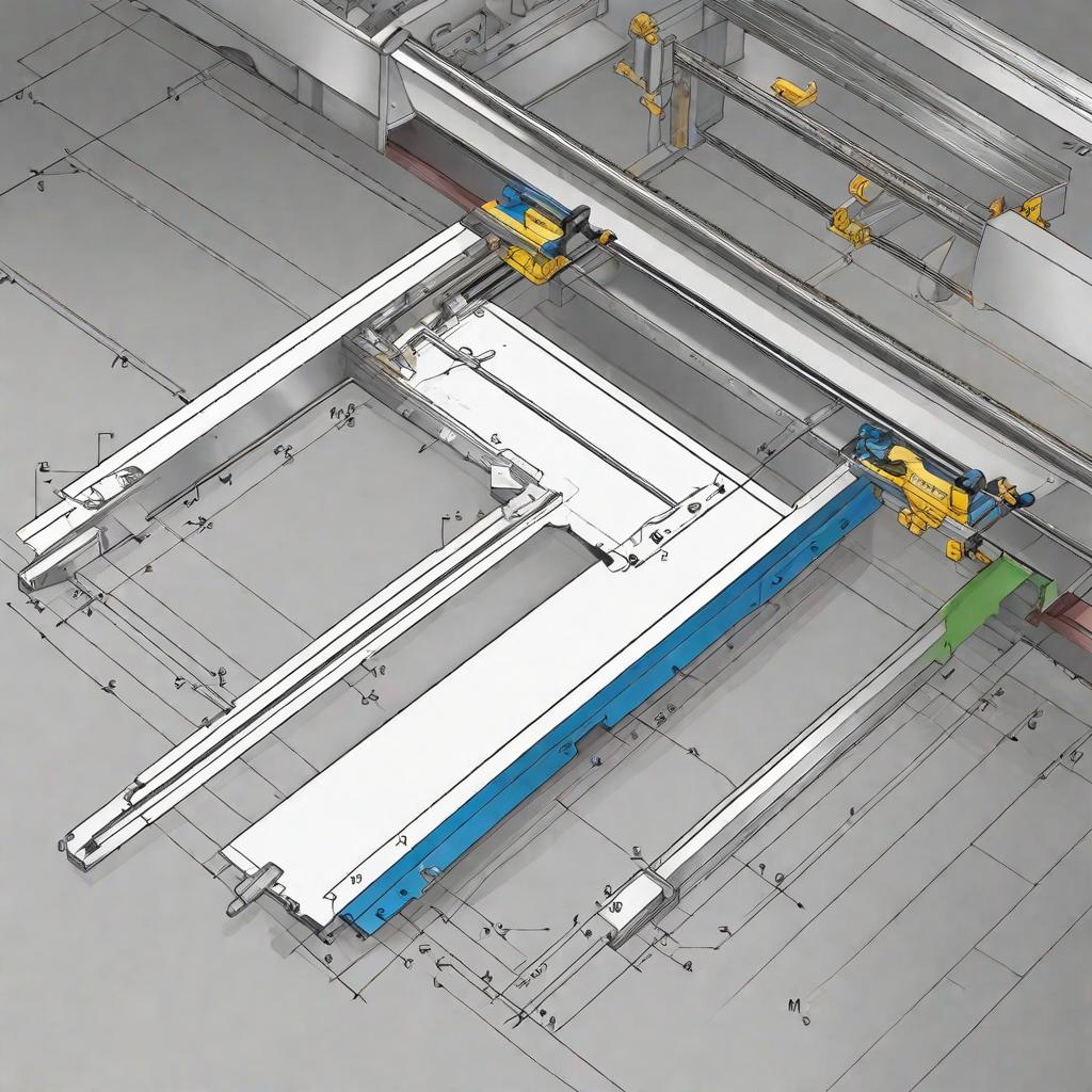  masterpiece, best quality,Simple schematic diagram: Draws a rectangle representing the sheet, representing the work area for cutting and blanking. Draws the bottom track inside the rectangle to represent the cutter's moving track. Draw a number of small rectangles above the bottom rail to represent the system of tools, each of which can move laterally independently. Notes the direction in which the rail moves along the long edge of the sheet and the direction in which the tool moves along the short edge line. Draw the outline of the workpiece, representing the target workpiece for cutting. Mark margins and spaces between workpieces to ensure that workpieces do not interfere with each other when cutting in parallel